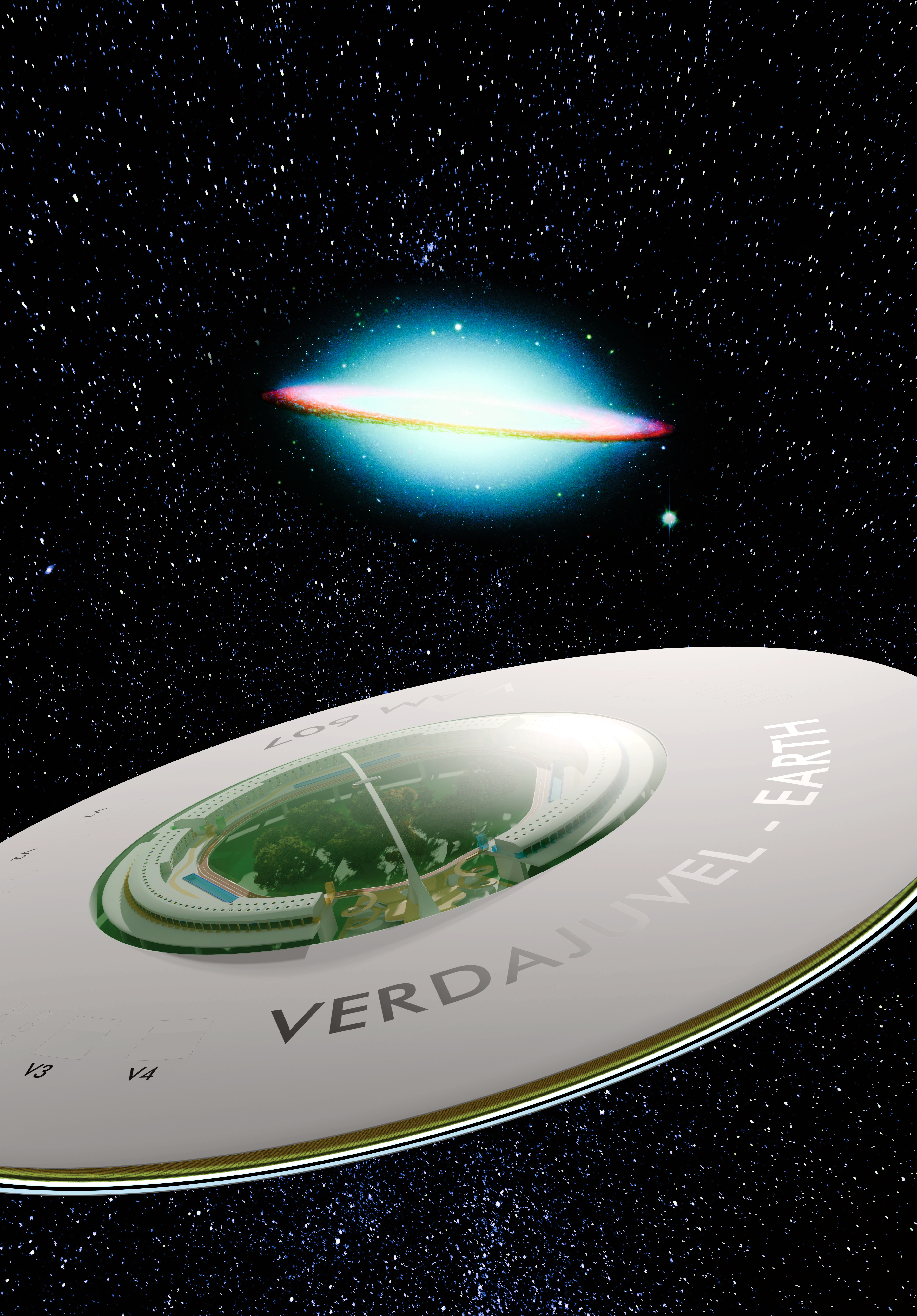 Verdajuvel test render with a super colourful Sombrero galaxy