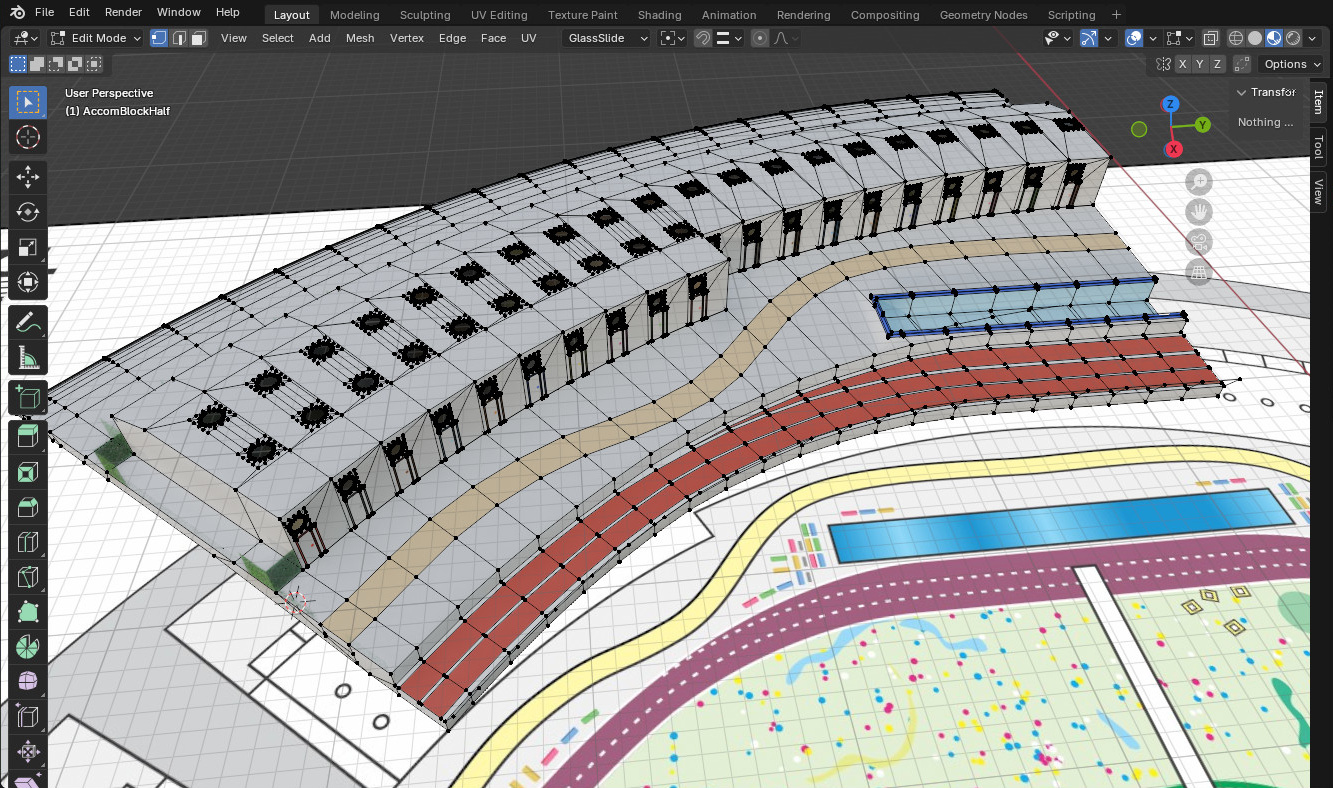 Adding the walking path, the velodrome track and the swimming pool to the accommodation block.